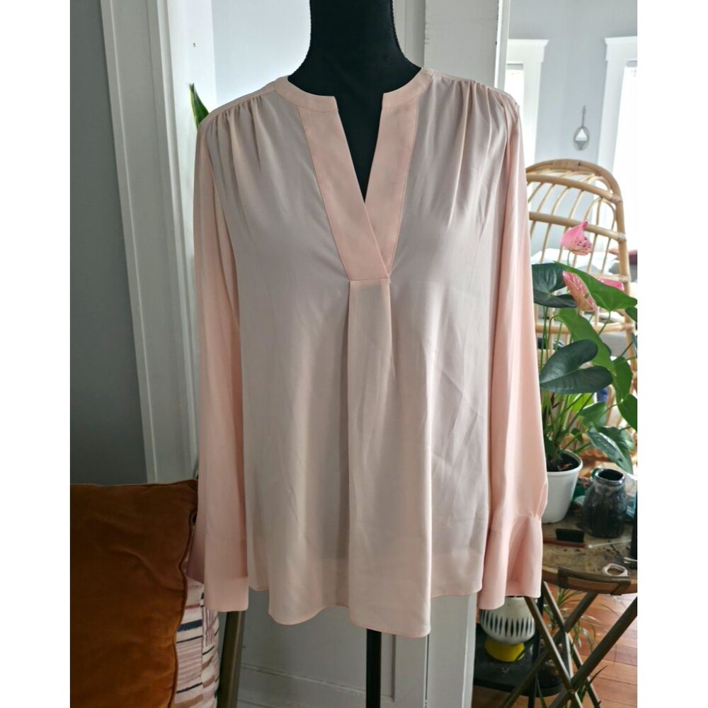 Calvin Klein Women’s Pink Sheer Chiffon V-Neck Long Sleeve Blouse Size L